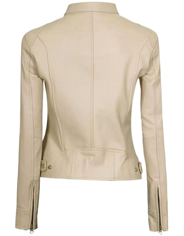 Dodge Womens Beige Cafe Racer Leather Jacket Dodge Womens Beige Cafe Racer Leather Jacket