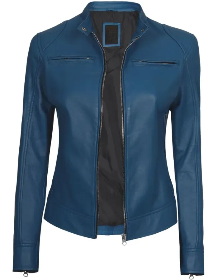 Dodge Womens Blue Cafe Racer Leather Jacket Dodge Womens Blue Cafe Racer Leather Jacket