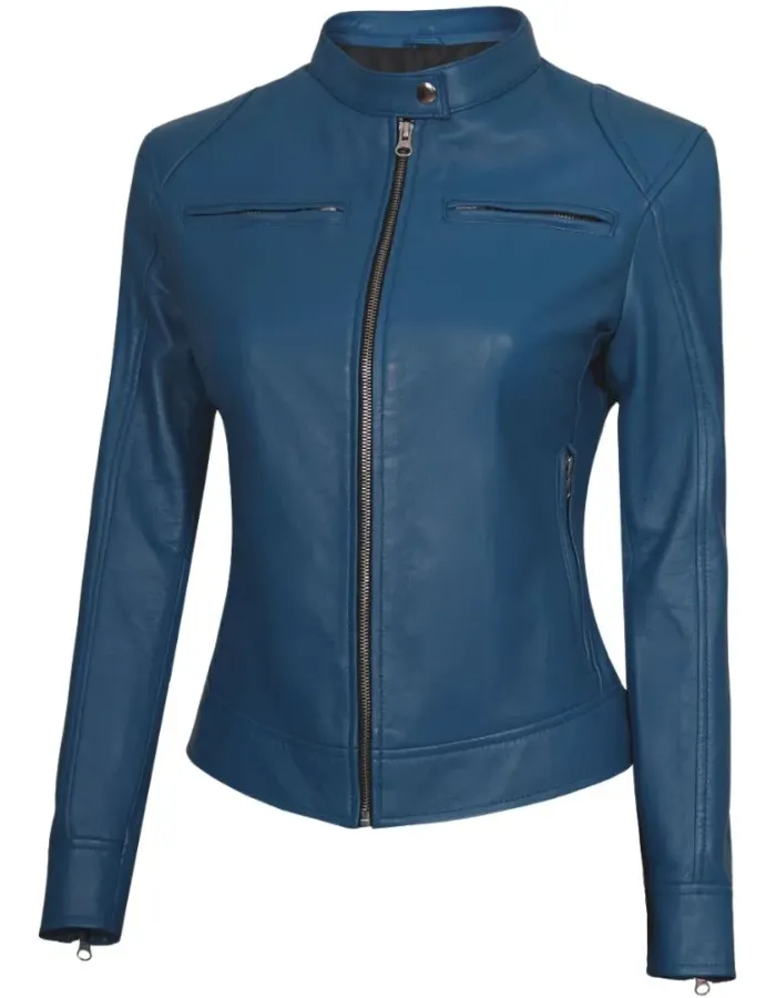 Dodge Womens Blue Cafe Racer Leather Jacket Dodge Womens Blue Cafe Racer Leather Jacket