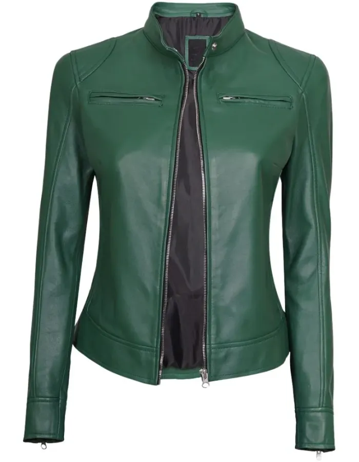 Dodge Womens Cafe Racer Green Leather Jacket