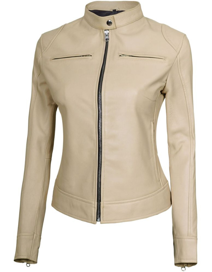Dodge Womens Beige Cafe Racer Leather Jacket Dodge Womens Beige Cafe Racer Leather Jacket