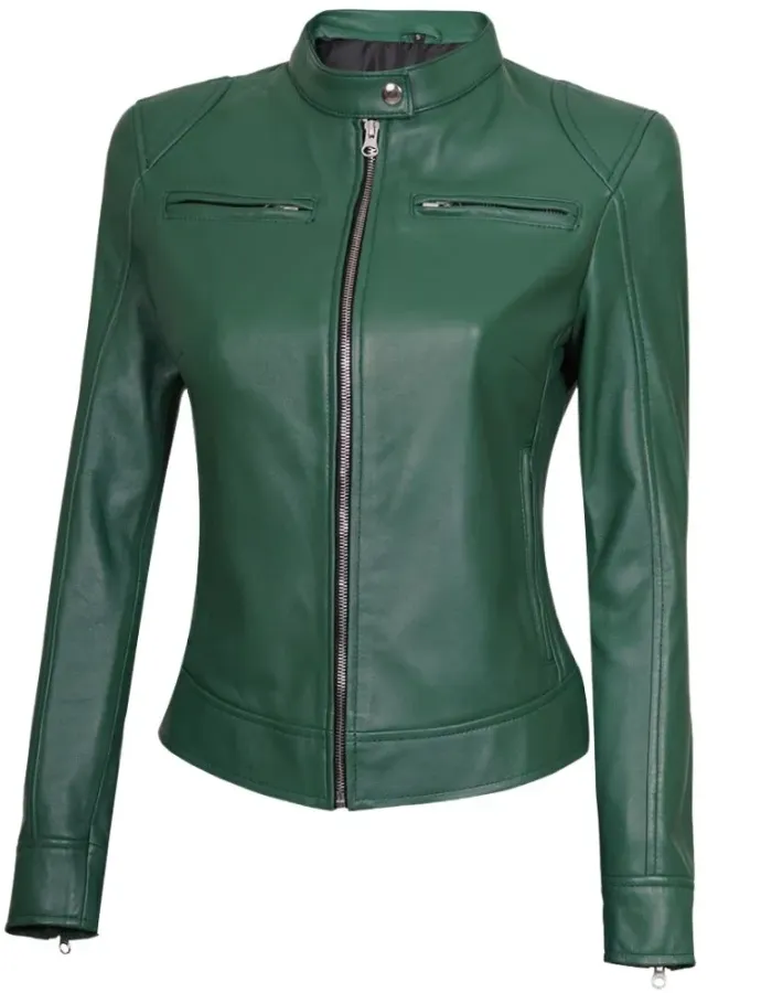 Dodge Womens Cafe Racer Green Leather Jacket