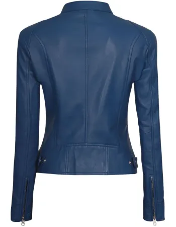 Dodge Womens Blue Cafe Racer Leather Jacket