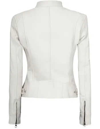 Dodge Womens White Slim Fit Cafe Racer Leather Jacket