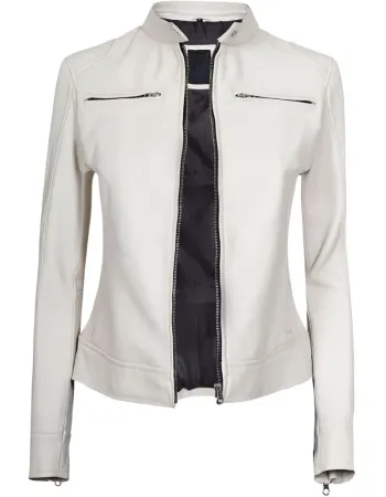 Dodge Womens White Slim Fit Cafe Racer Leather Jacket