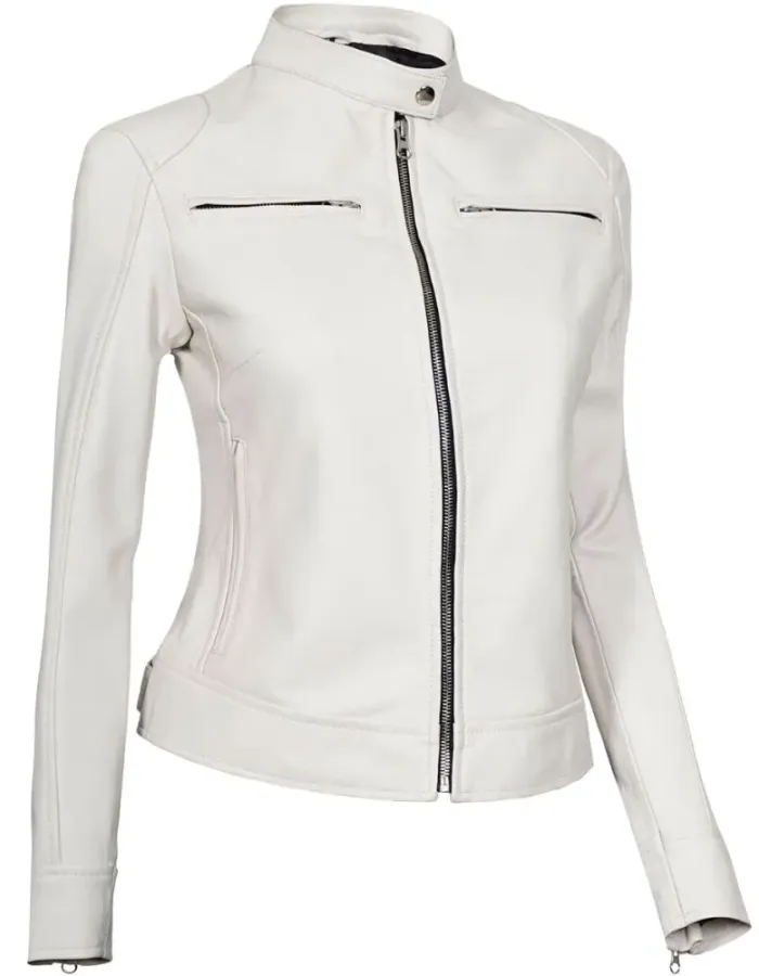 Dodge Womens White Slim Fit Cafe Racer Leather Jacket