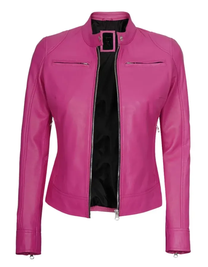 Dodge Womens Pink Slim Fit Cafe Racer Leather Jacket