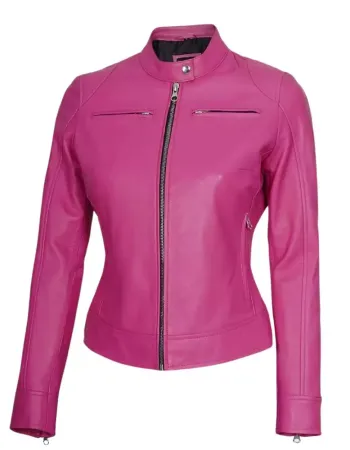 Dodge Womens Pink Slim Fit Cafe Racer Leather Jacket Dodge Womens Pink Slim Fit Cafe Racer Leather Jacket
