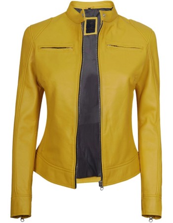 Dodge Womens Slim Fit Yellow Cafe Racer Leather Jacket