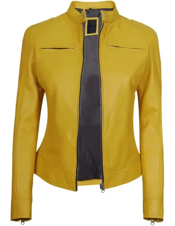 Dodge Womens Slim Fit Yellow Cafe Racer Leather Jacket
