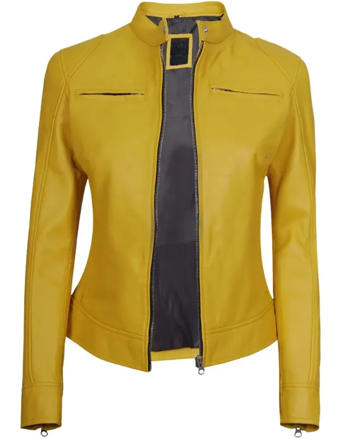 Dodge Womens Slim Fit Yellow Cafe Racer Leather Jacket Dodge Womens Slim Fit Yellow Cafe Racer Leather Jacket