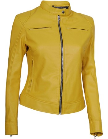 Dodge Womens Slim Fit Yellow Cafe Racer Leather Jacket