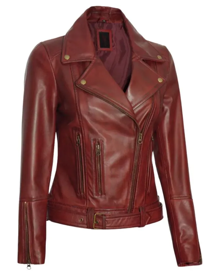 Elisa Womens Maroon Leather Asymmetrical Motorcycle Jacket Elisa Womens Maroon Leather Asymmetrical Motorcycle Jacket