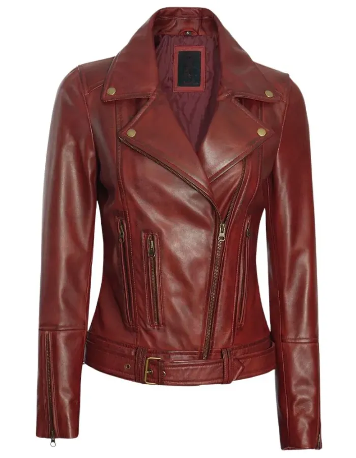 Elisa Womens Maroon Leather Asymmetrical Motorcycle Jacket Elisa Womens Maroon Leather Asymmetrical Motorcycle Jacket