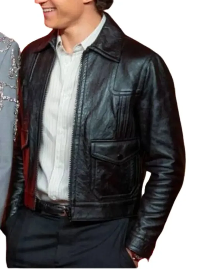 SPIDER-MAN NO WAY HOME EVENT TOM HOLLAND BLACK LEATHER JACKET SPIDER-MAN NO WAY HOME EVENT TOM HOLLAND BLACK LEATHER JACKET
