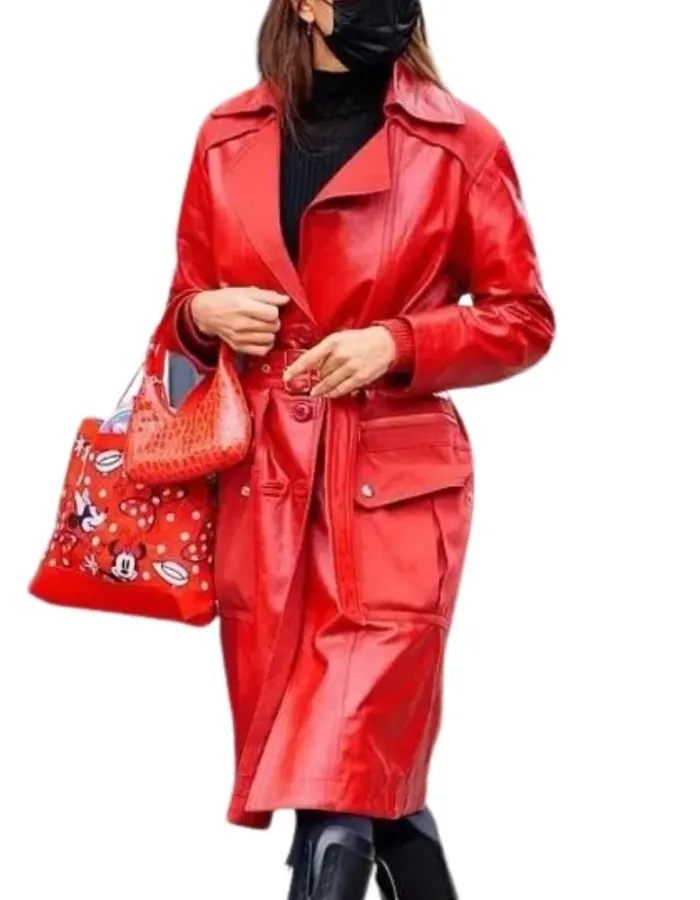 Irina Shayk Red Leather Trench Coat