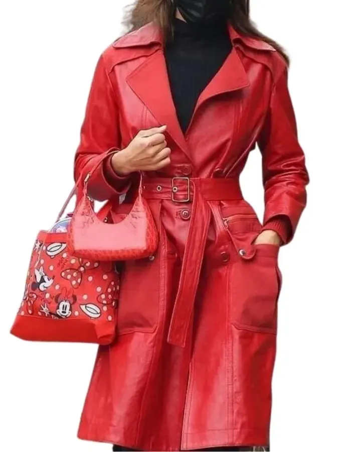 Irina Shayk Red Leather Trench Coat