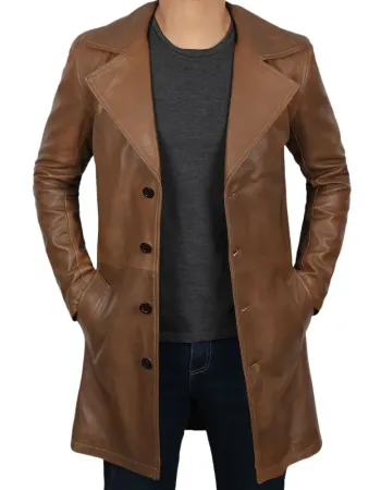 Jackson Mens Wide-Lapel Waxed Brown Leather Coat