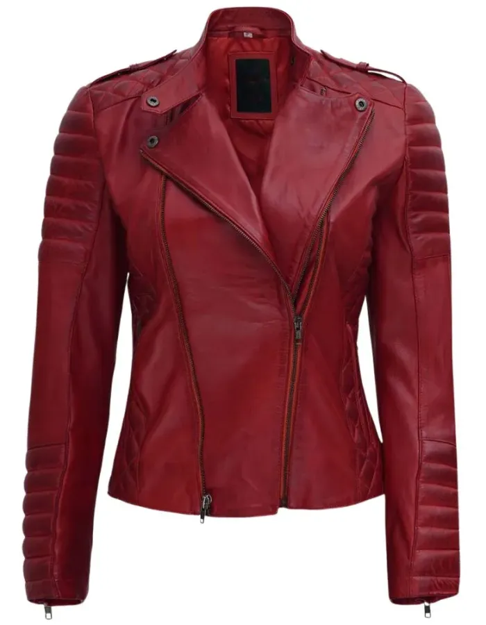 Jannie Red Asymmetrical Padded Leather Jacket