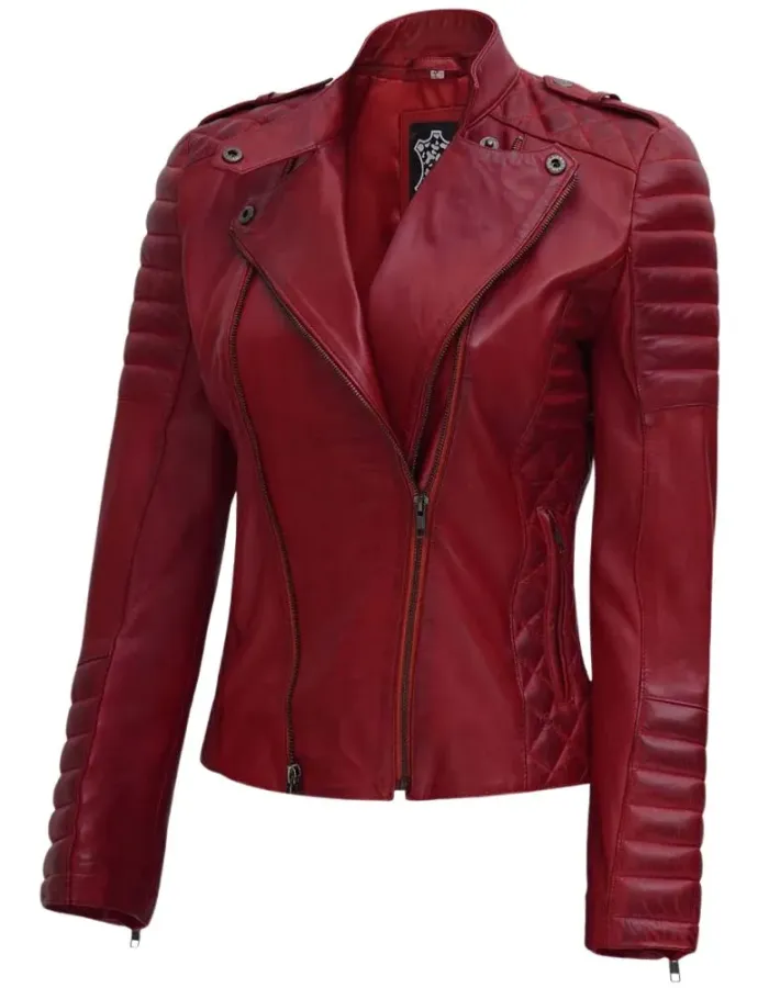 Jannie Red Asymmetrical Padded Leather Jacket Jannie Red Asymmetrical Padded Leather Jacket