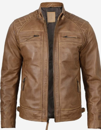 Johnson Men's Camel Quilted Distressed Leather Jacket