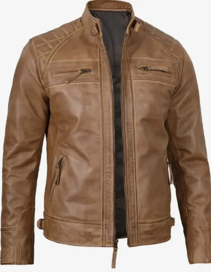 Johnson Men's Camel Quilted Distressed Leather Jacket Johnson Men's Camel Quilted Distressed Leather Jacket