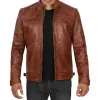 Johnson Mens Cognac Cafe Racer Brown Quilted Leather Jacket Johnson Mens Cognac Cafe Racer Brown Quilted Leather Jacket