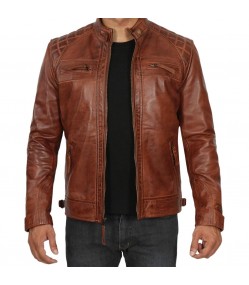 Johnson Mens Cognac Cafe Racer Brown Quilted Leather Jacket