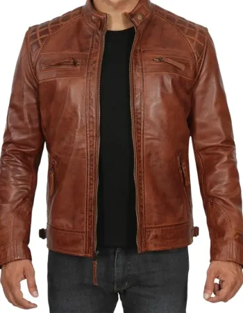 Johnson Mens Cognac Cafe Racer Brown Quilted Leather Jacket