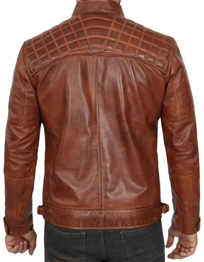 Johnson Mens Cognac Cafe Racer Brown Quilted Leather Jacket Johnson Mens Cognac Cafe Racer Brown Quilted Leather Jacket
