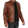 Johnson Mens Cognac Cafe Racer Brown Quilted Leather Jacket Johnson Mens Cognac Cafe Racer Brown Quilted Leather Jacket