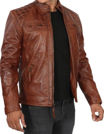 Johnson Mens Cognac Cafe Racer Brown Quilted Leather Jacket