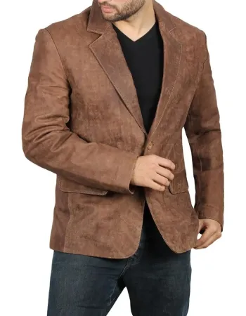 Men's Lorenzo Exclusive Two Button Real Leather Brown Blazer