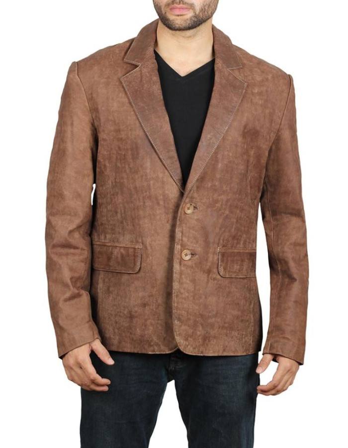 Men's Lorenzo Exclusive Two Button Real Leather Brown Blazer