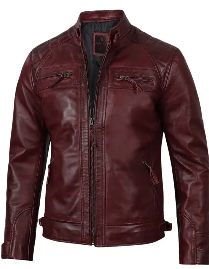 Massachusetts Cafe Racer Men's Maroon  Real Leather Jacket
