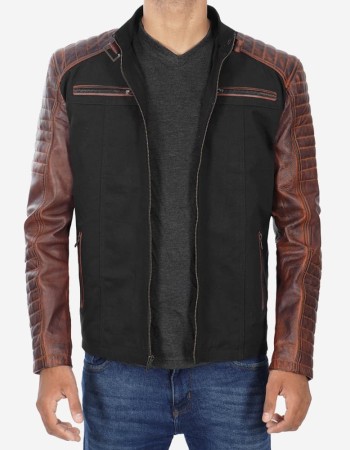 Men's Cafe Racer Black And Brown Cotton Leather Jacket
