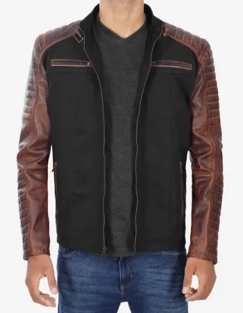 Men's Cafe Racer Black And Brown Cotton Leather Jacket