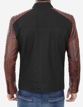 Men's Cafe Racer Black And Brown Cotton Leather Jacket