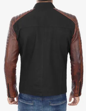 Men's Cafe Racer Black And Brown Cotton Leather Jacket