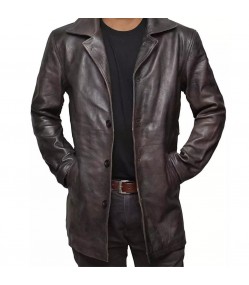Men's 3-Buttons Distressed Brown Leather Coat