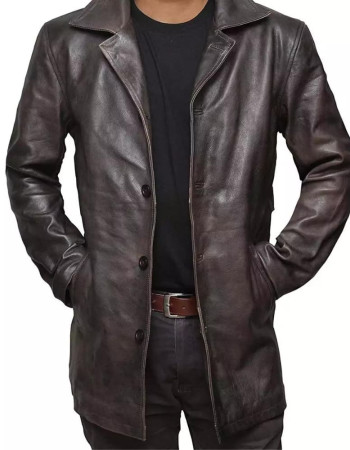 Men's 3-Buttons Distressed Brown Leather Coat