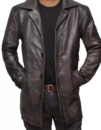 Men's 3-Buttons Distressed Brown Leather Coat