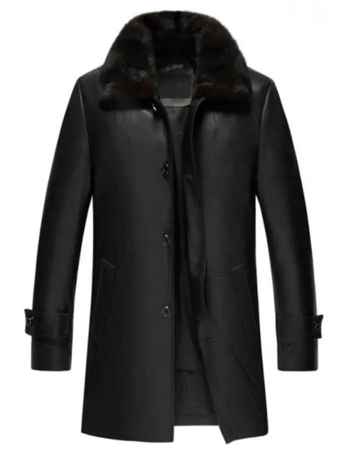 Men's 3 Quarter Length Black Shearling Leather Coat
