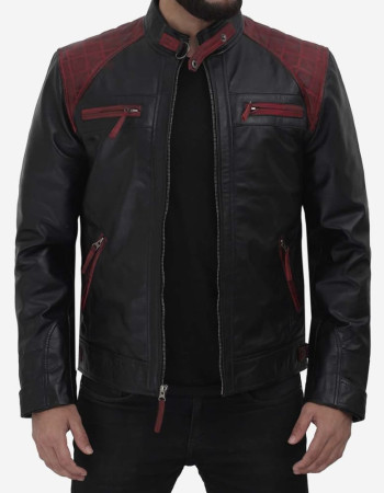Men's Black and Maroon Cafe Racer Leather Jacket