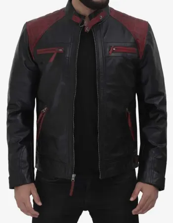 Men's Black and Maroon Cafe Racer Leather Jacket