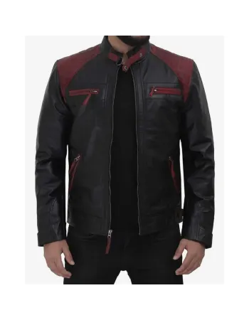 Men's Black and Maroon Cafe Racer Leather Jacket