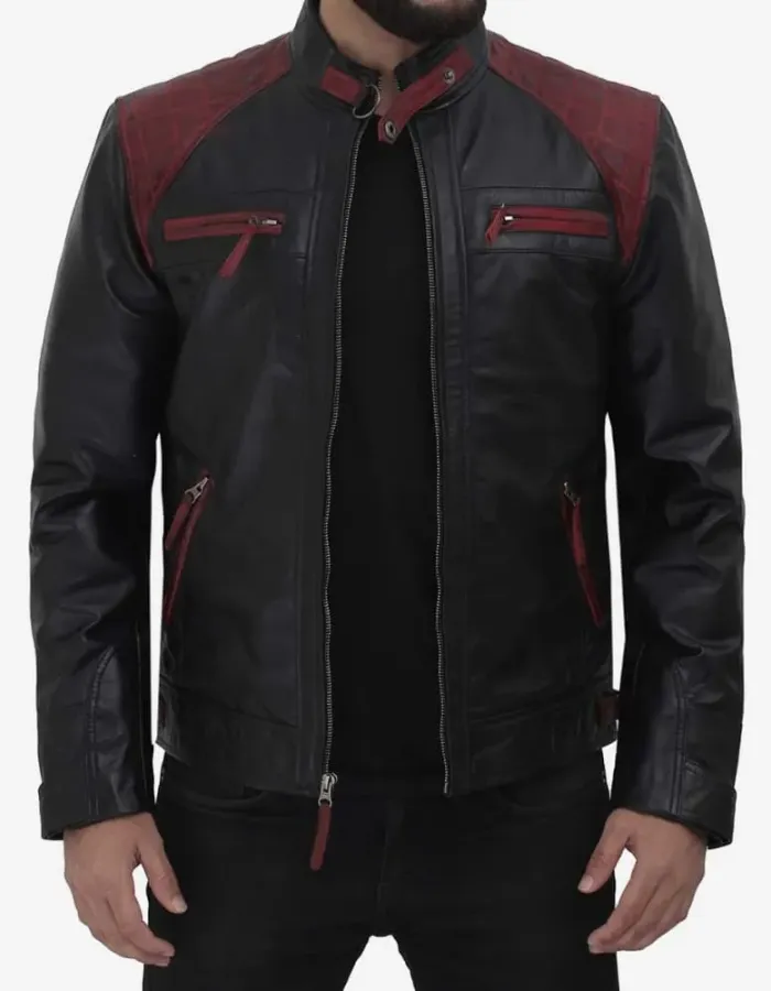 Men's Black and Maroon Cafe Racer Leather Jacket