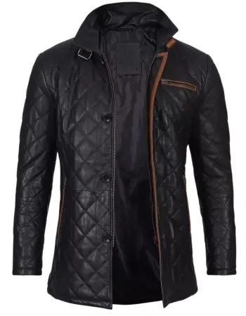 Mens Black Diamond Quilted Leather Car Coat