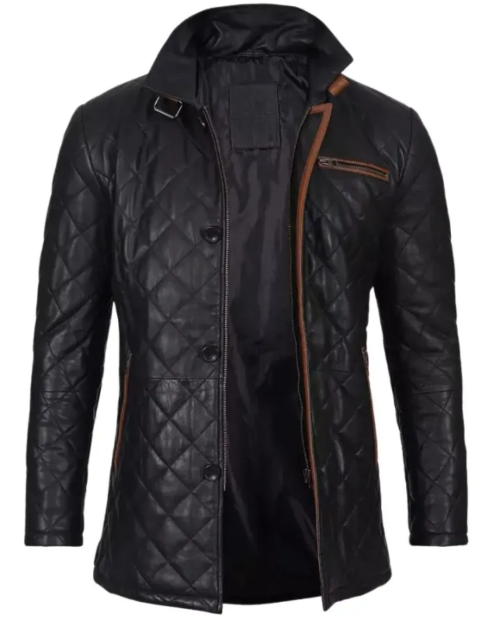 Mens Black Diamond Quilted Leather Car Coat