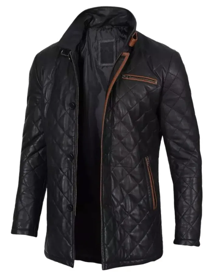 Mens Black Diamond Quilted Leather Car Coat